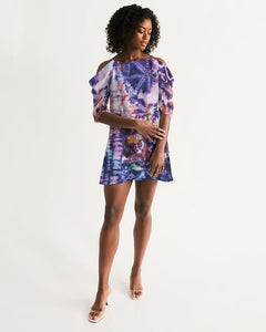 Purple Tie Dye Women's Open Shoulder A-Line Dress