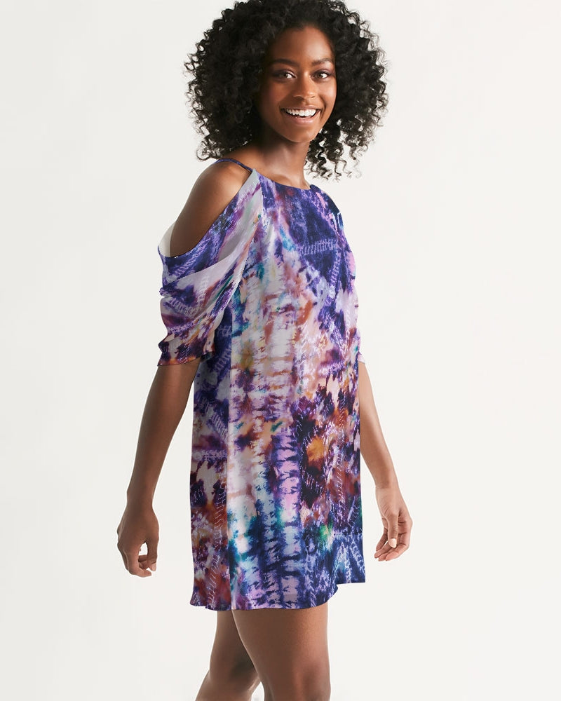Purple Tie Dye Women's Open Shoulder A-Line Dress
