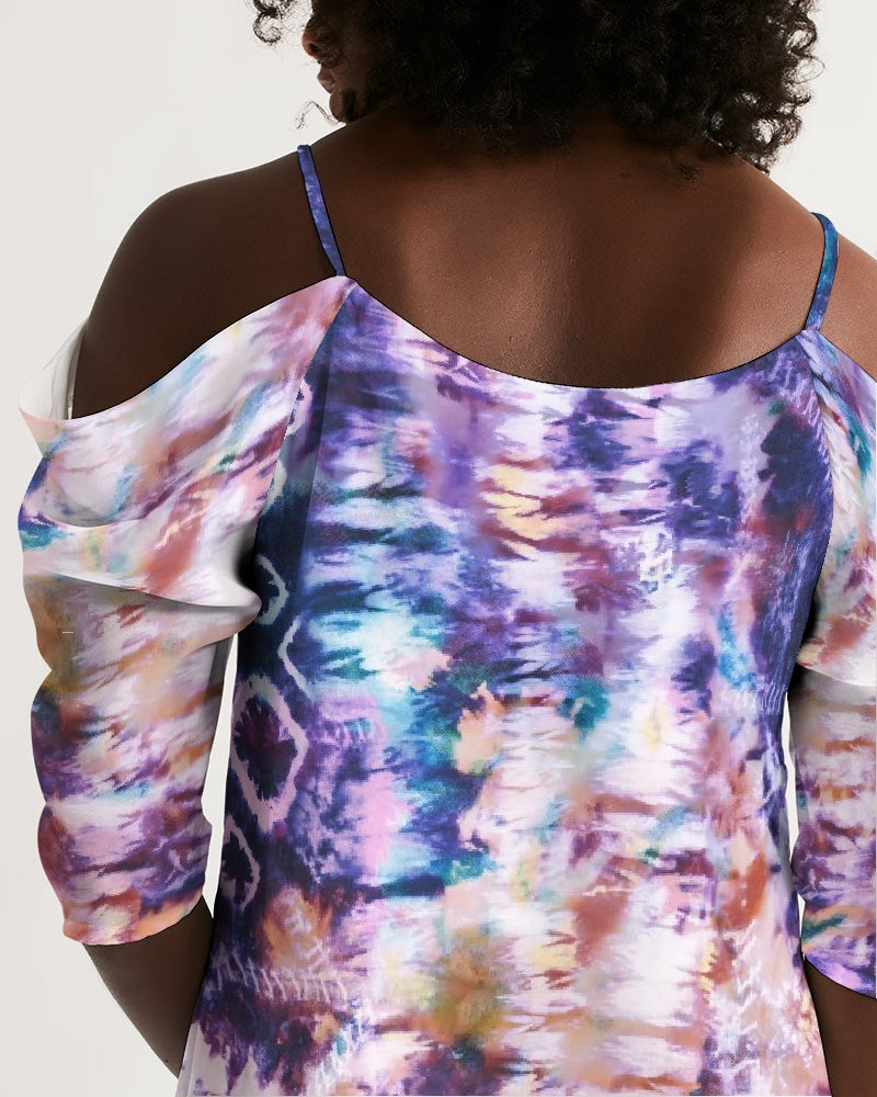 Purple Tie Dye Women's Open Shoulder A-Line Dress