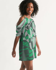 KINGBREED LUX GREEN CLOUDS Women's Open Shoulder A-Line Dress