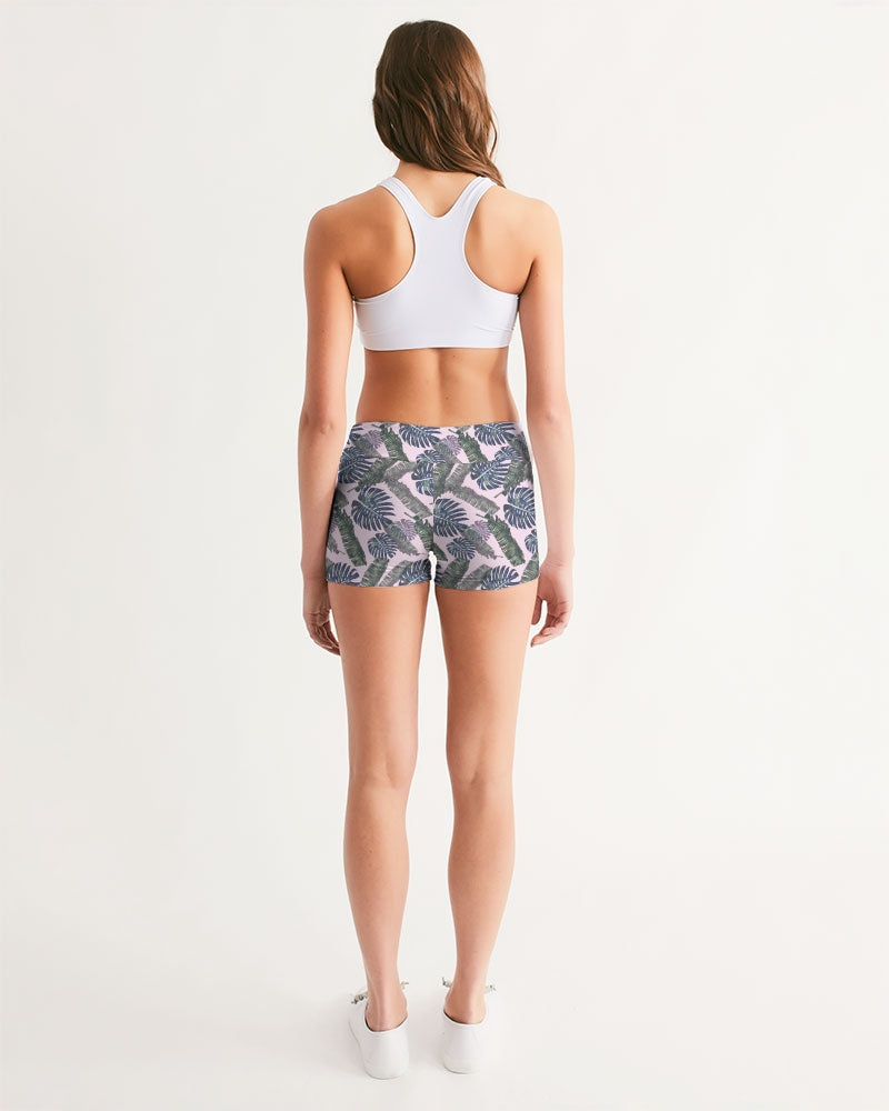 Large Tropical Leaves Soft Pink Women's Mid-Rise Yoga Shorts