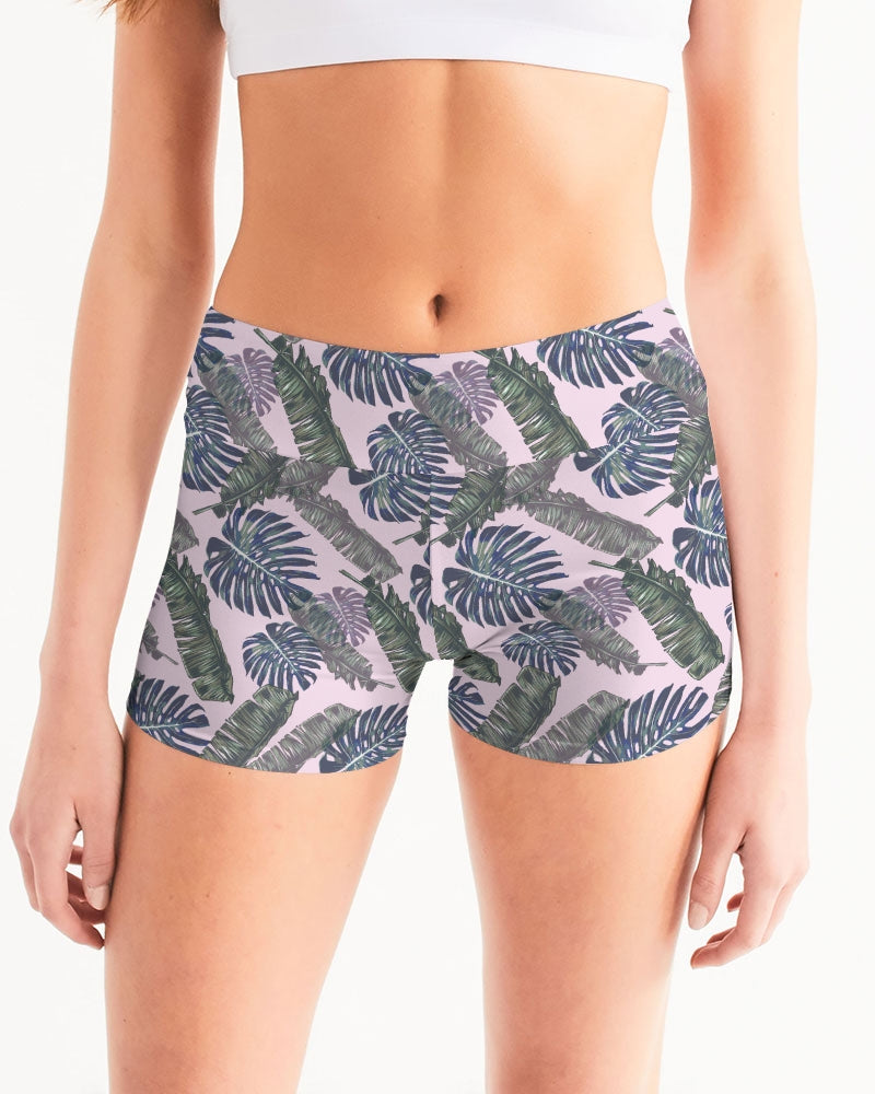 Large Tropical Leaves Soft Pink Women's Mid-Rise Yoga Shorts
