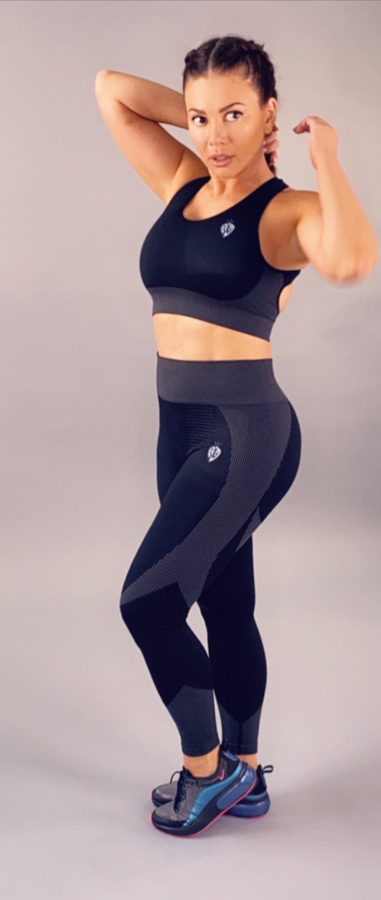 Kingbreed 3 Piece Set “Zipper Crop Top w/Sport Bra & Leggings”-Black/Grey