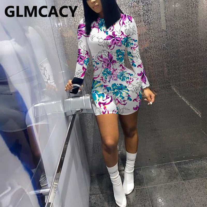 Women Long Sleeve Floral Printed O-neck Bodycon Romper Sexy Plus Size Playsuit